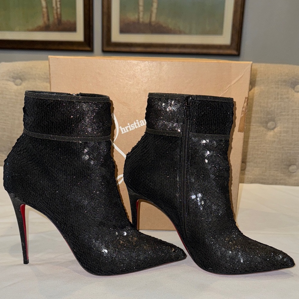 Christian Louboutin Black Sequin Pointed Ankle Boots with Red Soles